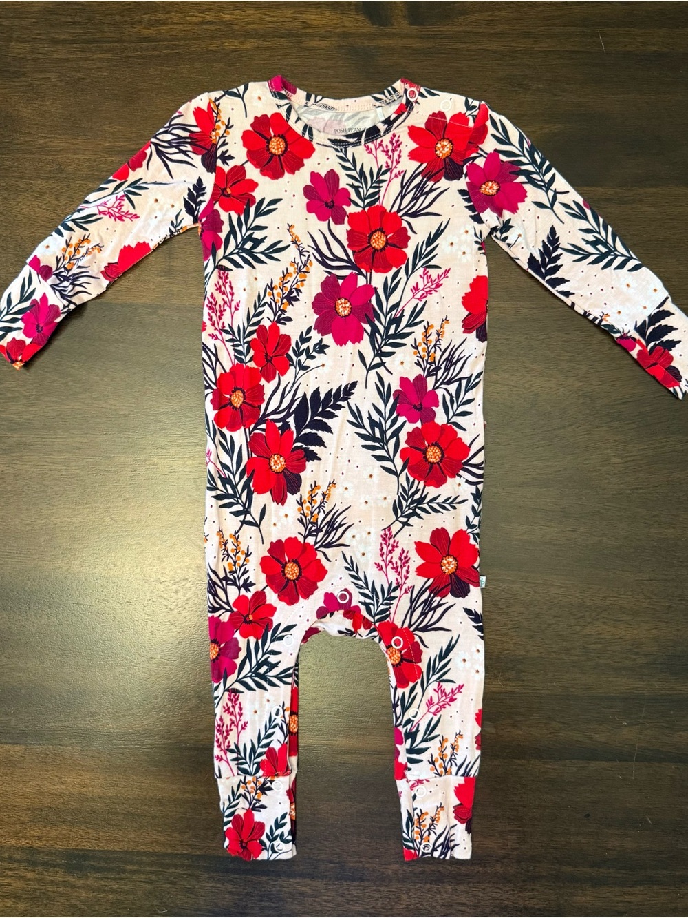 Posh Peanut Floral Long-Sleeve One-Piece Bodysuit - Pink & Red